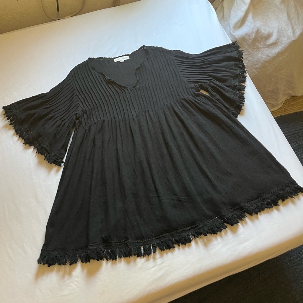 NATALIE MARTIN black pleated fringe babydoll pin tuck short‎ sleeve mini dress